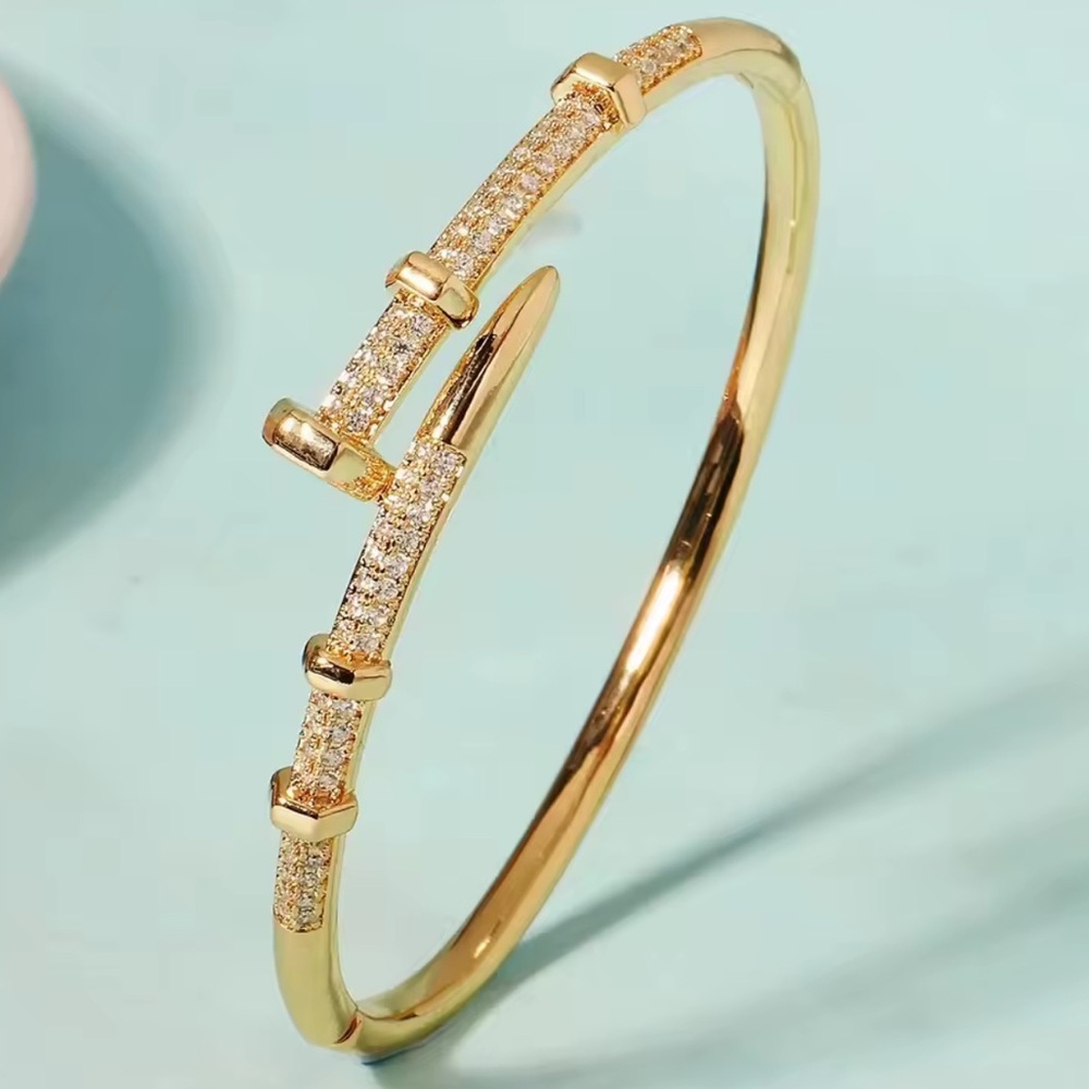 Gold Copper Nail Bangle Sparkling Zircon Statement Bracelet